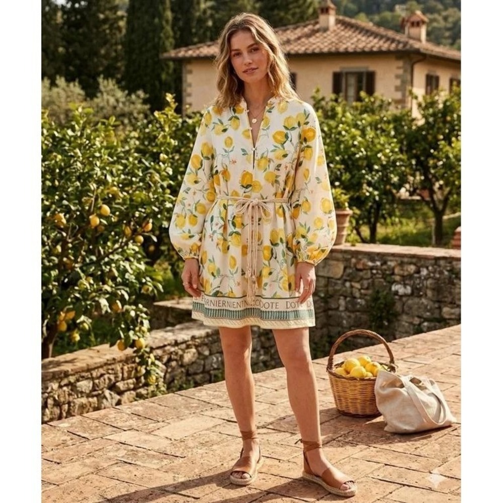 H&M Lemon Print Mini Dress w/Macramé Belt "Dolce Far Niente" Medium EuroSummer